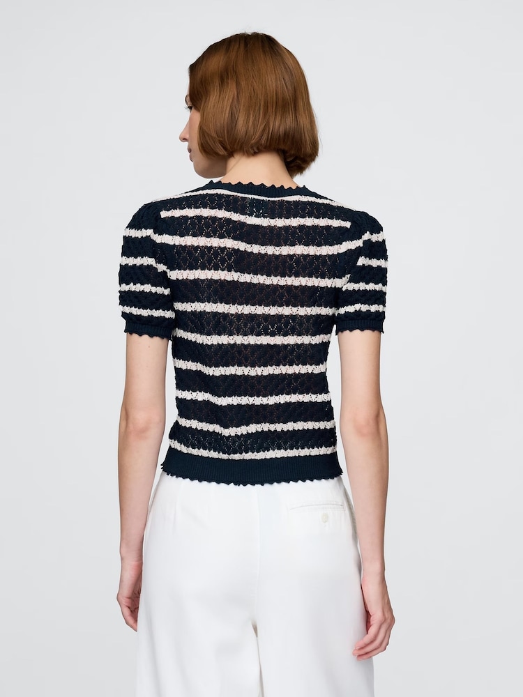 Gap Navy/White Stripe DÔEN Linen-Blend Short Sleeve Pointelle Cardigan - Image 2 of 6