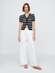 Gap Navy/White Stripe DÔEN Linen-Blend Short Sleeve Pointelle Cardigan - Image 3 of 6