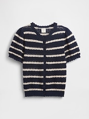 Gap Navy/White Stripe DÔEN Linen-Blend Short Sleeve Pointelle Cardigan - Image 5 of 6