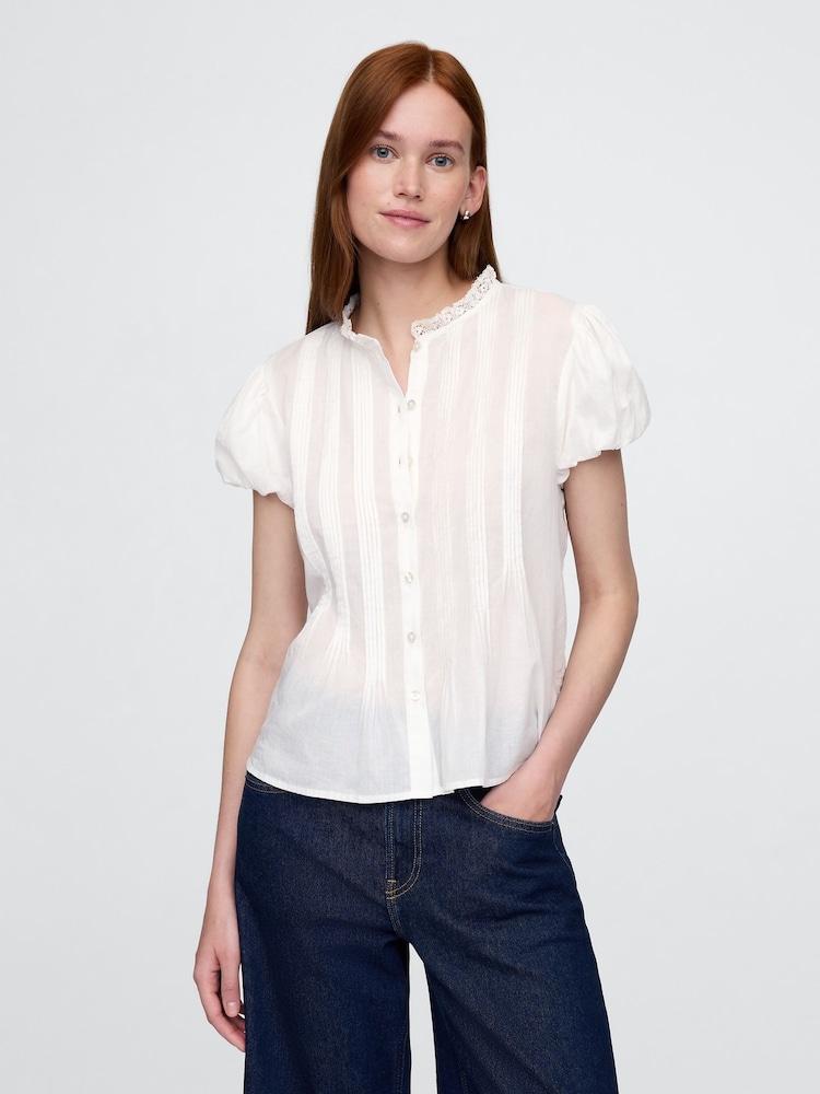 Gap White Cotton Button Through Bubble-Sleeve Top - Image 1 of 8 Gap White Cotton Button Through Bubble-Sleeve Top - Image 1 of 8
