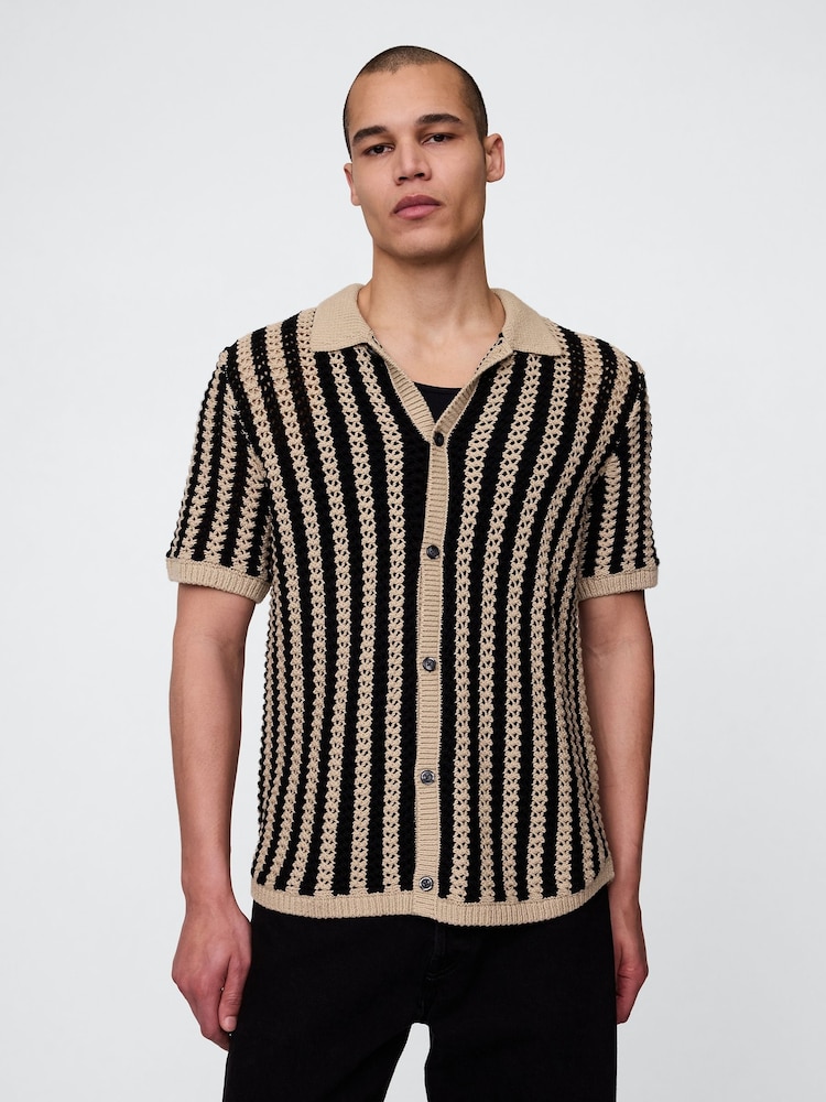 Gap Beige Mesh Striped Knit Shirt - Image 1 of 5