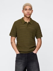 Gap Khaki Green Cotton Knit Striped Polo Shirt - Image 1 of 5