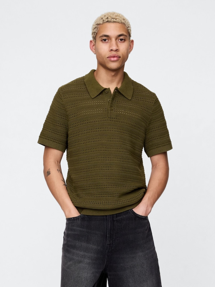Gap Khaki Green Cotton Knit Striped Polo Shirt - Image 1 of 5