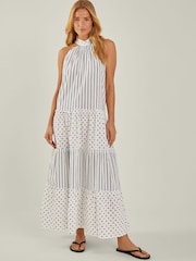 Accessorize White Polka Dot Stripe Halter 100% Cotton Maxi Dress - Image 1 of 4