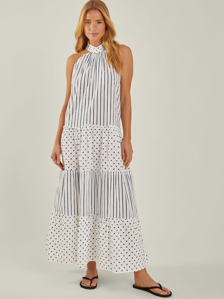 Accessorize White Polka Dot Stripe Halter 100% Cotton Maxi Dress - Image 1 of 4