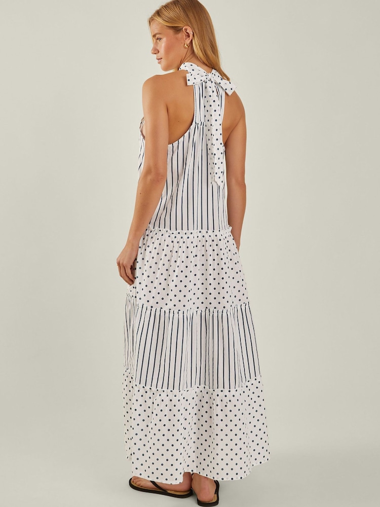 Accessorize White Polka Dot Stripe Halter 100% Cotton Maxi Dress - Image 2 of 4