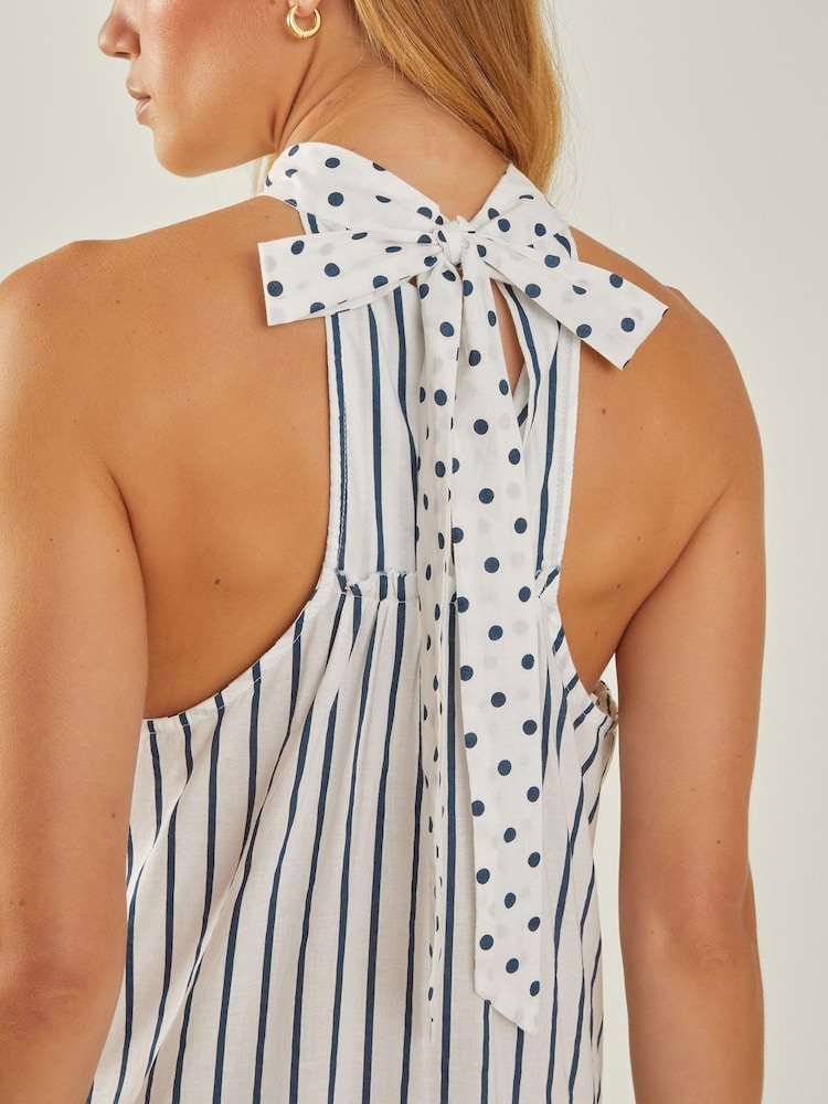 Accessorize White Polka Dot Stripe Halter 100% Cotton Maxi Dress - Image 3 of 4