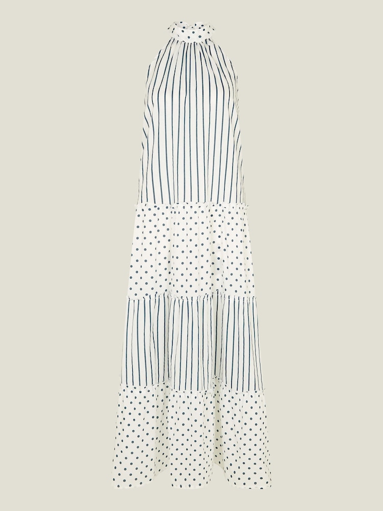 Accessorize White Polka Dot Stripe Halter 100% Cotton Maxi Dress - Image 4 of 4