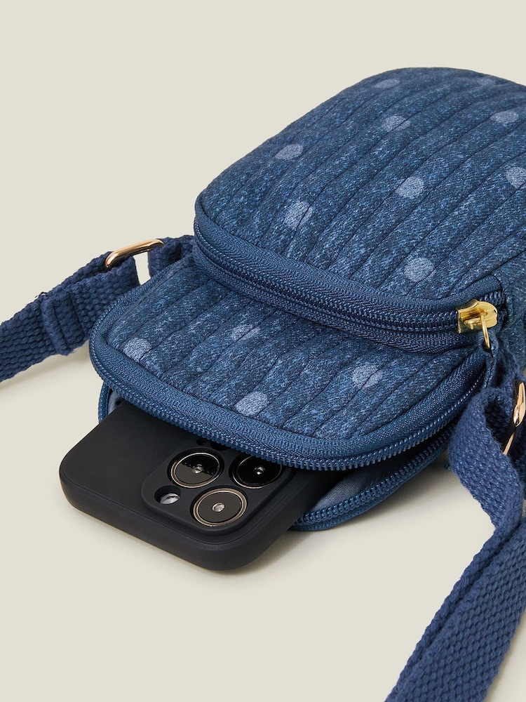 Accessorize Blue Polka Dot Denim Phone Bag - Image 3 of 5