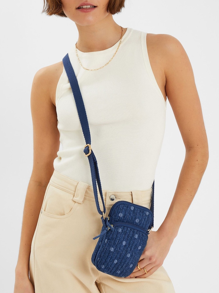 Accessorize Blue Polka Dot Denim Phone Bag - Image 5 of 5