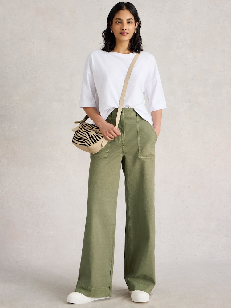 White Stuff Green Twister Chino Wide Leg Trousers - Image 1 of 6