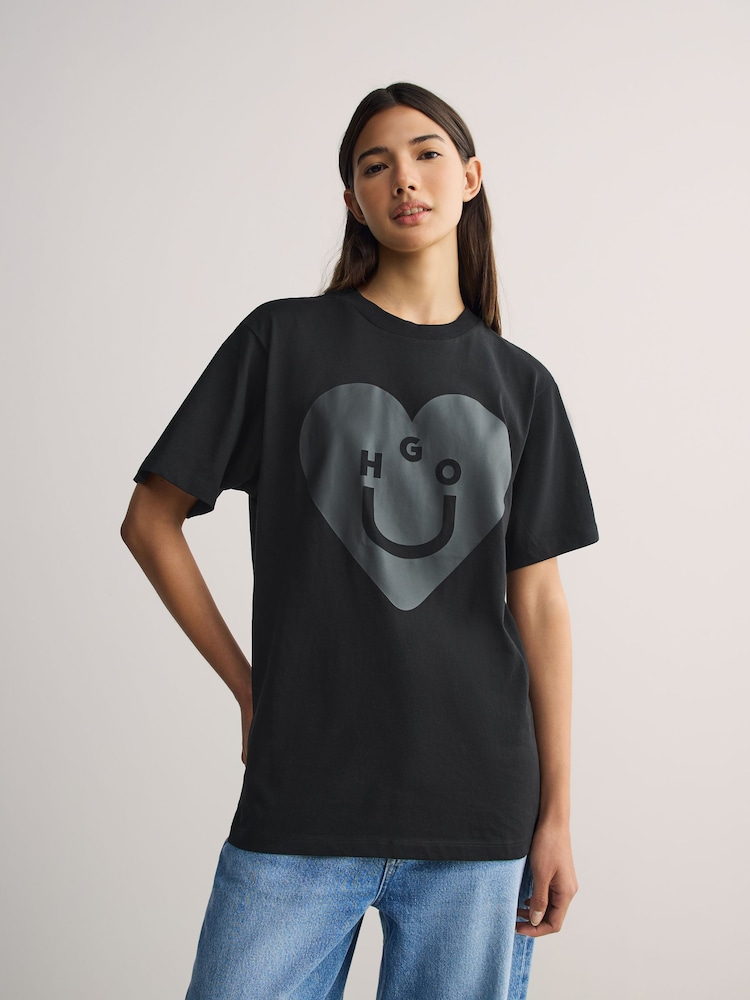 HUGO Black Oversize Vintage Tonal Heart Graphic Print T-Shirt - Image 1 of 5 HUGO Black Oversize Vintage Tonal Heart Graphic Print T-Shirt - Image 1 of 5