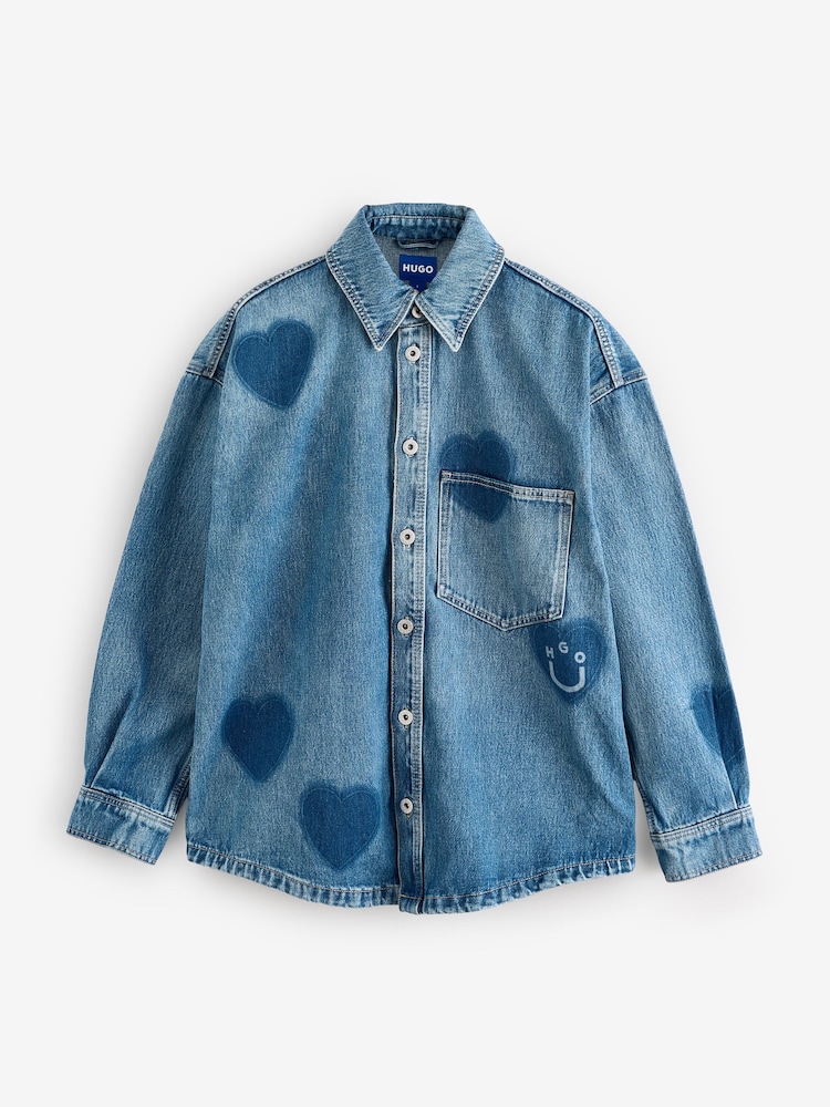 HUGO Garesa Heart Print Washed Denim Shirt - Изображение 1 из 1
