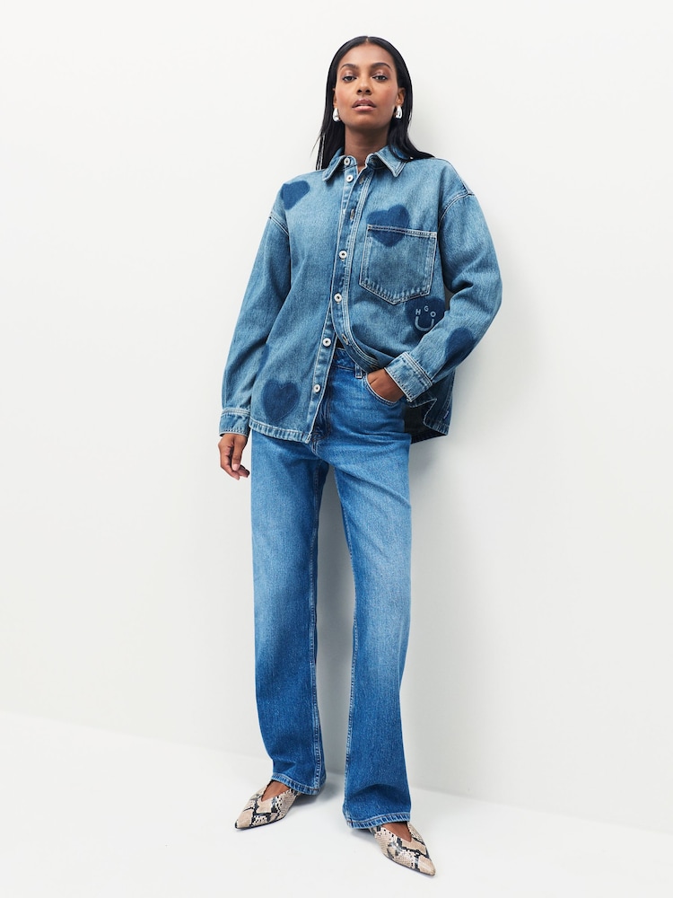 HUGO Blue Garesa Heart Print Washed Denim Shirt - Image 2 of 5