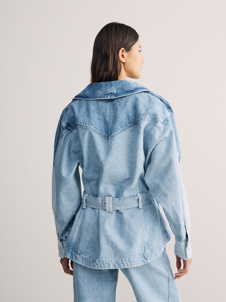 BOSS Blue Oversize Panelled Belted Denim Jacket - Image 2 of 6 BOSS Blue Oversize Panelled Belted Denim Jacket - Image 2 of 6