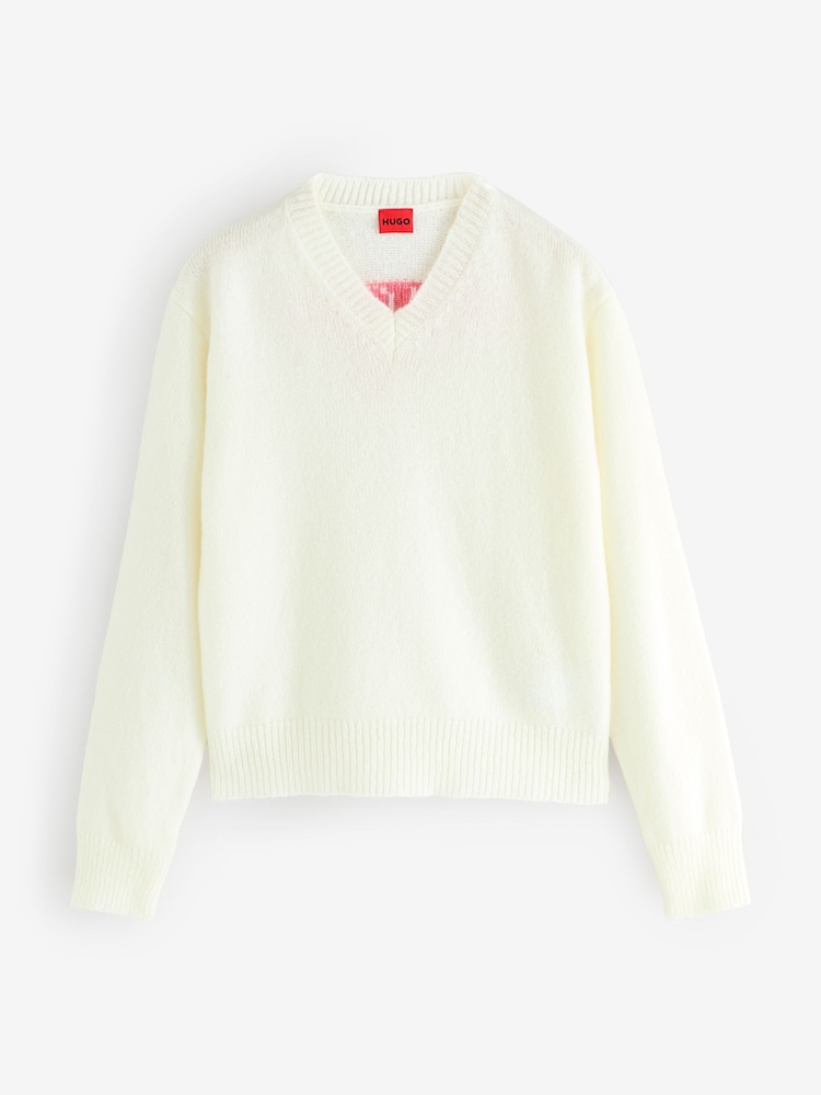 HUGO White Solanu Ballet Bow Knit Graphic Print Jumper - Image 1 of 2 HUGO White Solanu Ballet Bow Knit Graphic Print Jumper - Image 1 of 2