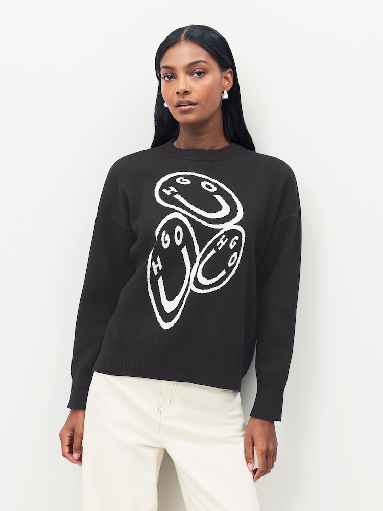 HUGO Black Seginy Knit Graphic Print Jumper - Image 1 of 5 HUGO Black Seginy Knit Graphic Print Jumper - Image 1 of 5