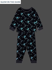 JoJo Maman Bébé Navy Space Print Glow In The Dark Jersey Pyjamas - Image 1 of 6