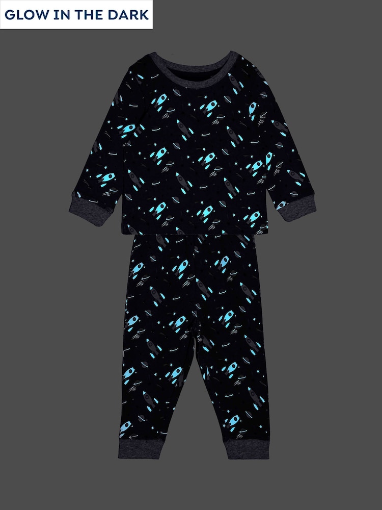 JoJo Maman Bébé Navy Space Print Glow In The Dark Jersey Pyjamas - Image 1 of 6