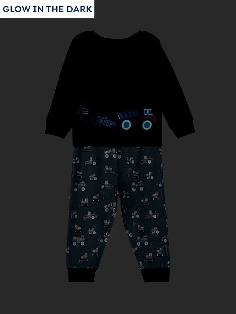 JoJo Maman Bébé Blue Construction Print Glow In The Dark Jersey Pyjamas - Image 1 of 11