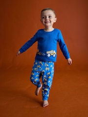 JoJo Maman Bébé Blue Construction Print Glow In The Dark Jersey Pyjamas - Image 8 of 11