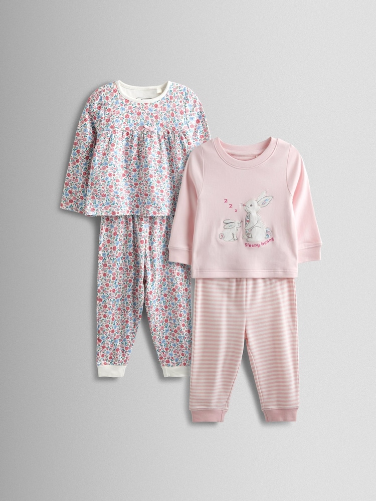 JoJo Maman Bébé Pink Bunny Print 2 Pack Jersey Pyjamas - Image 1 of 13