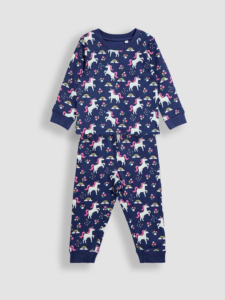 JoJo Maman Bébé Purple Unicorn Print Glow In The Dark Jersey Pyjamas - Image 2 of 10