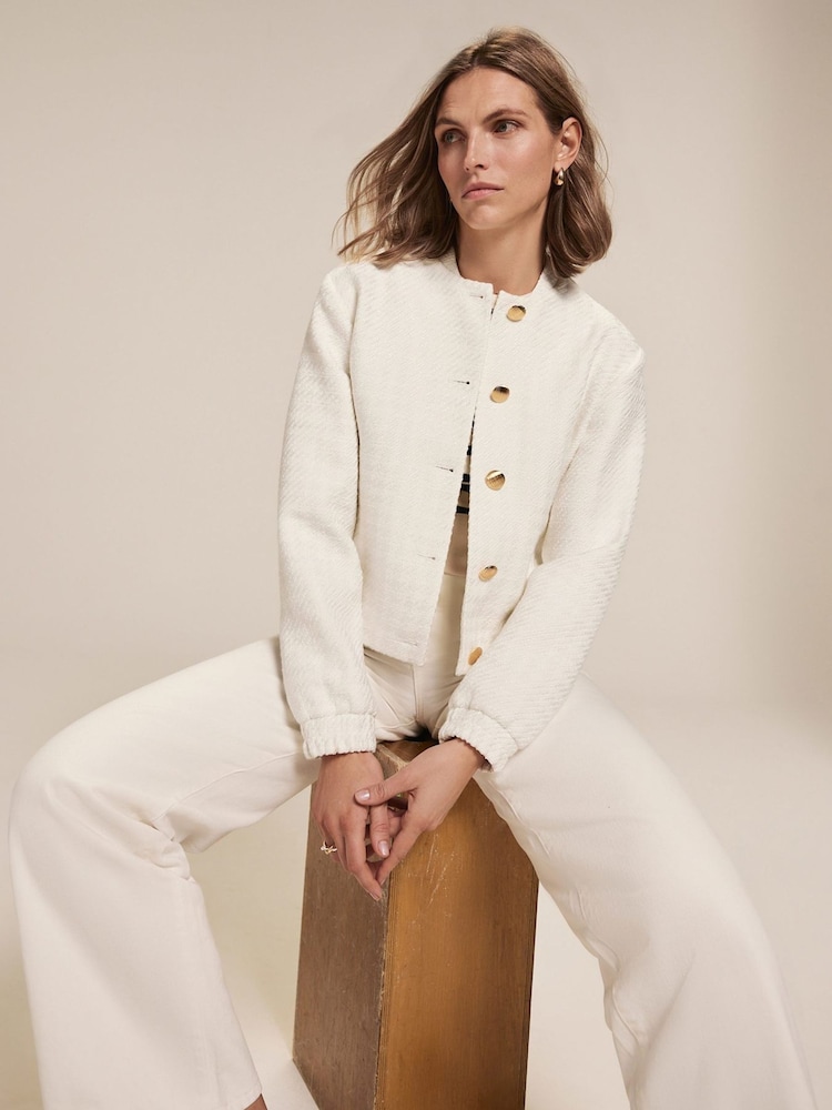 Mint Velvet White Boucle Bomber Jacket - Image 1 of 9 Mint Velvet White Boucle Bomber Jacket - Image 1 of 9
