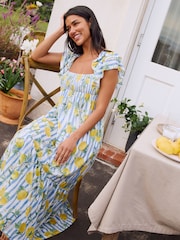 Yellow/Blue Ruffle Sleeve Midi Dress - Image 1 of 2