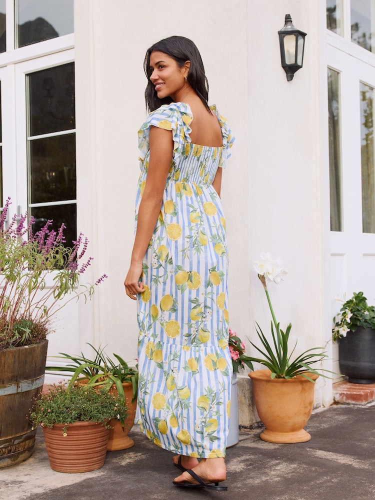 Yellow/Blue Ruffle Sleeve Midi Dress - Image 2 of 2