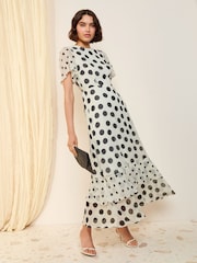 Friends Like These Ivory Spot Petite Short Sleeve Chiffon Tiered Maxi Dress - Image 1 of 4