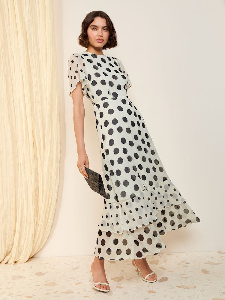 Friends Like These Ivory Spot Petite Short Sleeve Chiffon Tiered Maxi Dress - Image 1 of 4