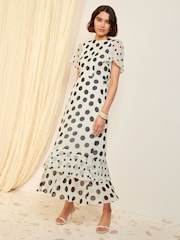 Friends Like These Ivory Spot Petite Short Sleeve Chiffon Tiered Maxi Dress - Image 3 of 4