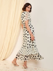Friends Like These Ivory Spot Petite Short Sleeve Chiffon Tiered Maxi Dress - Image 4 of 4