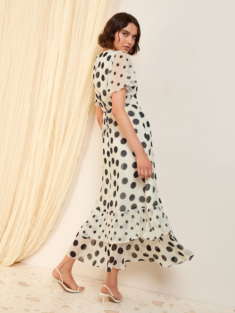 Friends Like These Ivory Spot Petite Short Sleeve Chiffon Tiered Maxi Dress - Image 4 of 4