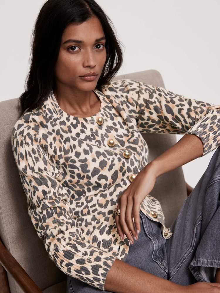 Mint Velvet Cream Leopard Print 100% Cotton Cardigan - Image 2 of 7
