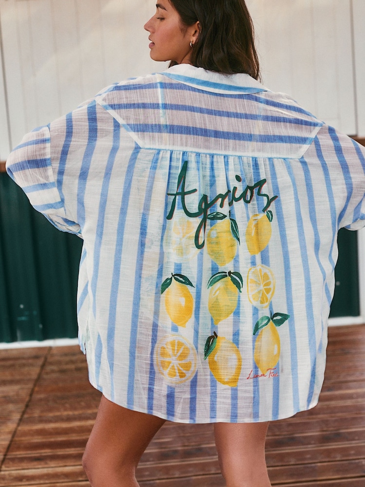 Blue/White/Lemon Print - Camisas de praia Cover-Up - Imagem 1 de 8