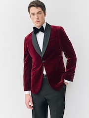 Burgundy Red Slim Fit Signature Pontoglio Italian Velvet Blazer With Shawl Lapel - Image 1 of 5