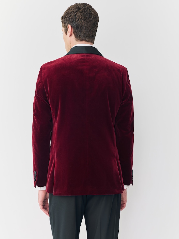 Burgundy Red Slim Fit Signature Pontoglio Italian Velvet Blazer With Shawl Lapel - Image 2 of 5 Burgundy Red Slim Fit Signature Pontoglio Italian Velvet Blazer With Shawl Lapel - Image 2 of 5