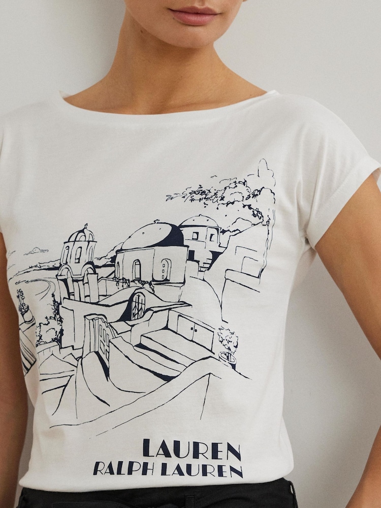 Lauren Ralph Lauren Greita Santorini Holiday Graphic White T-Shirt - Image 6 of 8