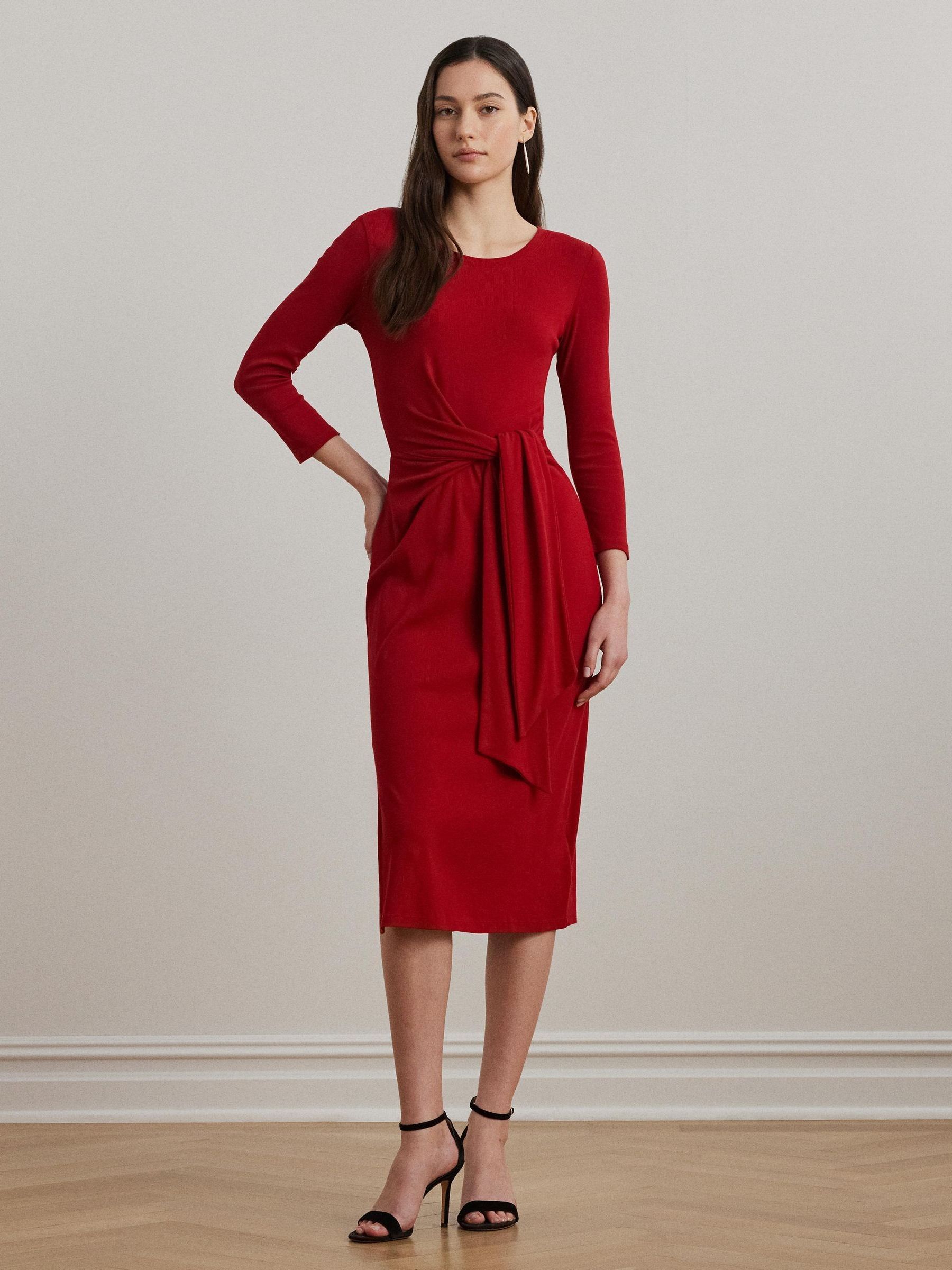 Lauren Ralph Lauren Madison Red Imalah Tie Front Cotton Blend Crew Neck Dress Xs Womens Buy Lauren Ralph Lauren Red Red Imalah Belted Midi Jersey Dress from Next  USA