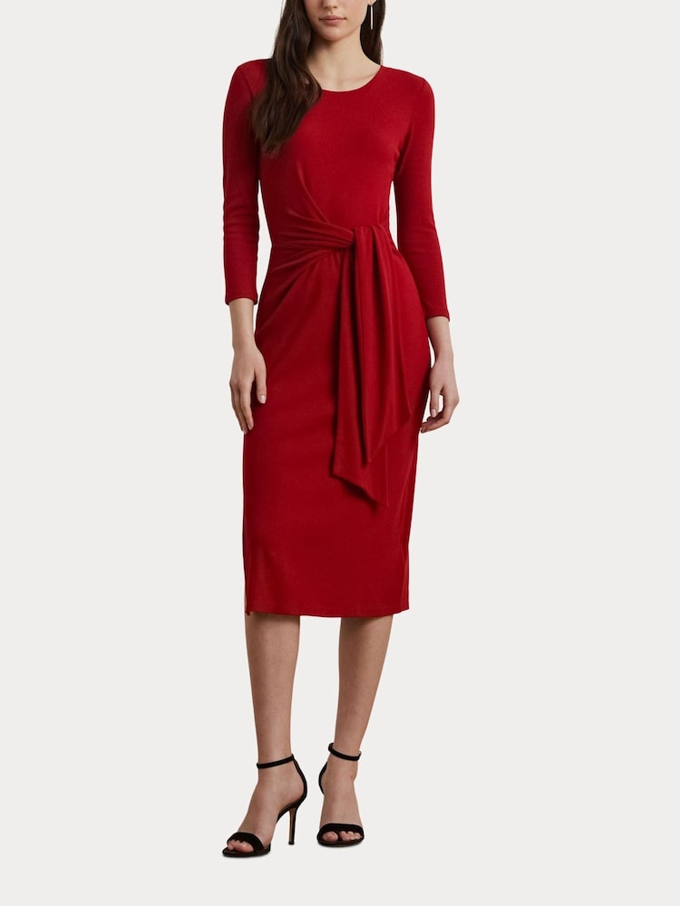 Lauren Ralph Lauren Red Imalah Belted Midi Jersey Dress - Image 1 of 8