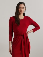 Lauren Ralph Lauren Red Imalah Belted Midi Jersey Dress - Image 3 of 8