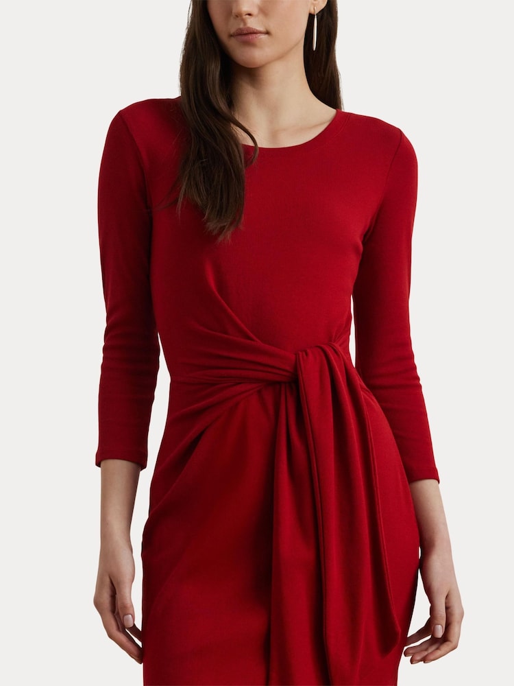 Womens Lauren Ralph Lauren Madison Red Imalah Tie Front Cotton Blend Crew Neck Dress Xs (US 2)