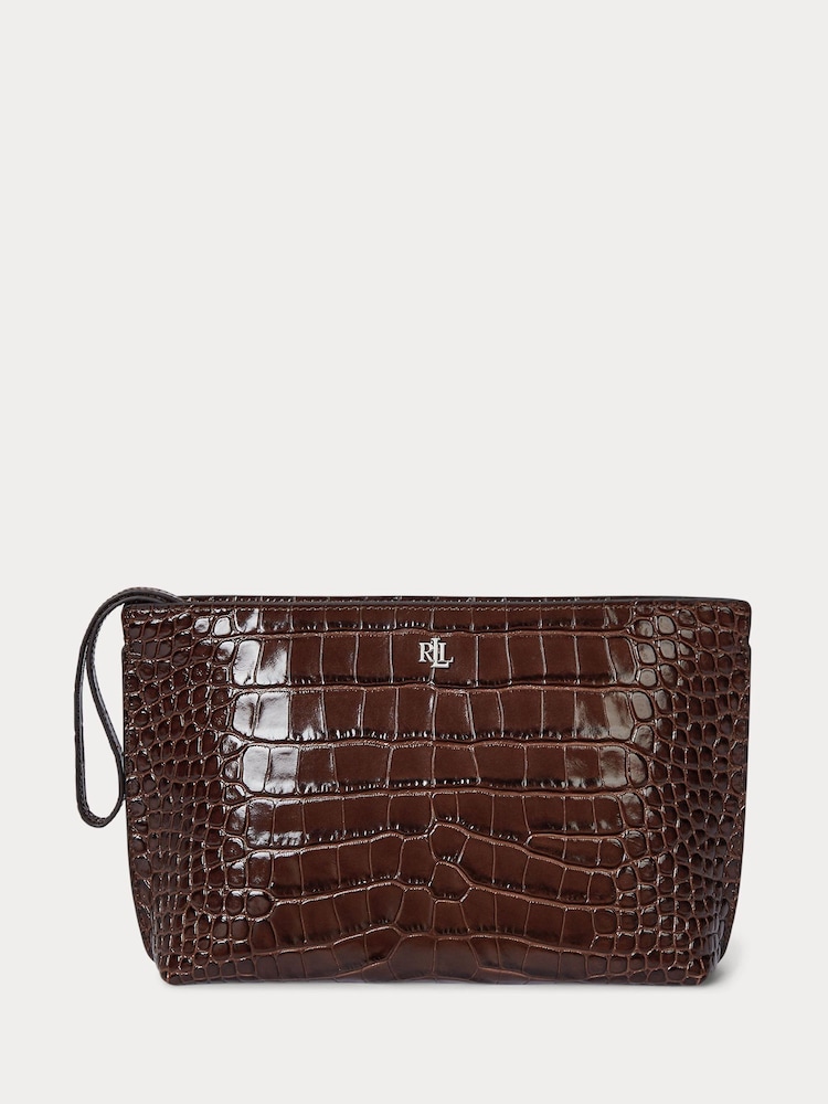 Lauren Ralph Lauren Top Zip Croc Leather Brown Bag - Image 1 of 4