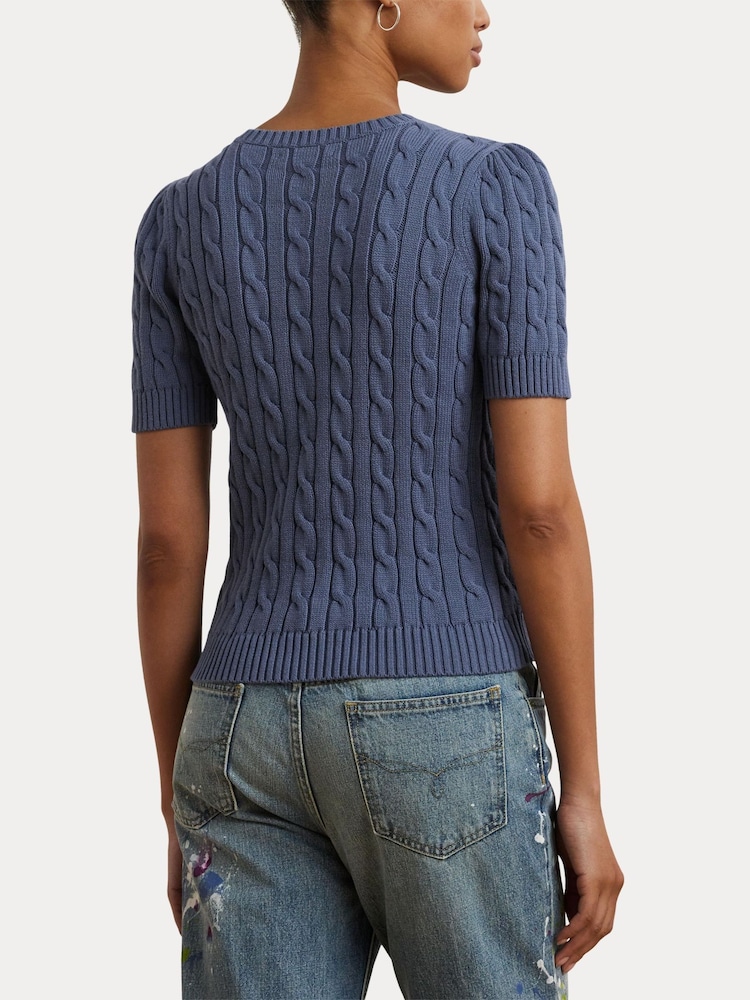 Lauren Ralph Lauren Blue Tarjyll Cable Knit Embroidered Logo Short Sleeve Knit Jumper - Image 2 of 8