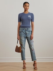 Lauren Ralph Lauren Blue Tarjyll Cable Knit Embroidered Logo Short Sleeve Knit Jumper - Image 3 of 8