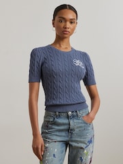 Lauren Ralph Lauren Blue Tarjyll Cable Knit Embroidered Logo Short Sleeve Knit Jumper - Image 4 of 8