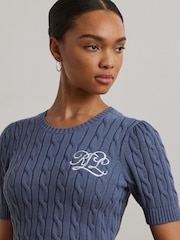 Lauren Ralph Lauren Blue Tarjyll Cable Knit Embroidered Logo Short Sleeve Knit Jumper - Image 6 of 8