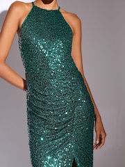 Lipsy Teal Blue Sequin Halter Ruched Maxi Dress - Image 3 of 4